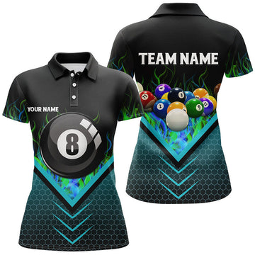 Custom Name Fire Blue 8 Ball Billiard Hive Design Pool Team Women's Polo Shirts S-5XL