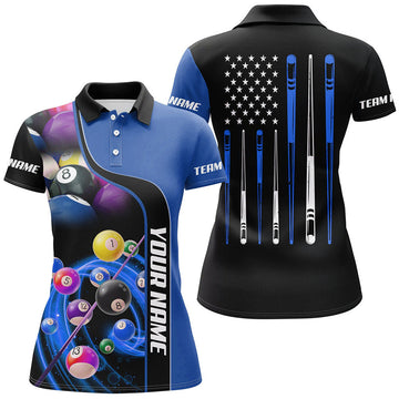 Custom Blue Billiard Team 3D Shirt with US Flag Women's Polo Shirts S-5XL