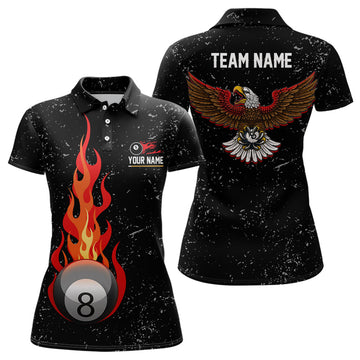 Custom Grunge Black Flame 8 Ball Pool Eagle Billiard Women's Polo Shirts S-5XL