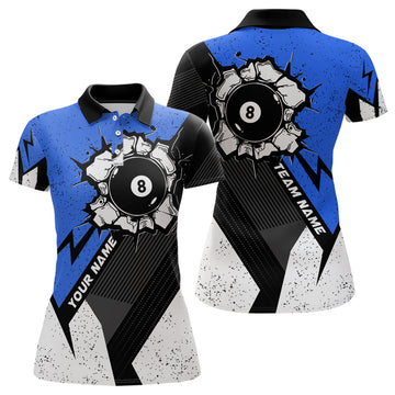 Custom Name Blue Grunge 8 Ball Pool Team 3D Style Billiard Women's Polo Shirts S-5XL