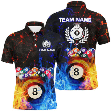 Billiard 8 Ball Water Fire Custom Name 3D Pool League Men's Polo Shirt S-5XL