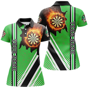 Custom Dart Team Shirt Black Green Fire Flame Darts Board Women's Polo Shirts S-5XL