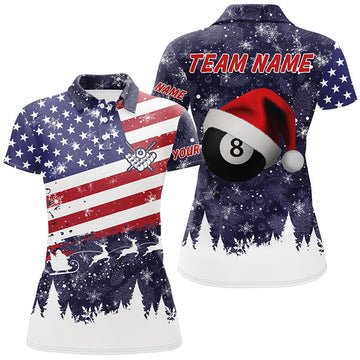 Custom Merry Christmas American Flag Billiard Patriotic Women's Polo Shirts S-5XL