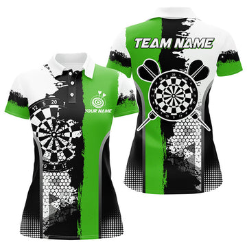 Custom Name Darts Team Shirt Black Green Grunge Style Women's Polo Shirts S-5XL