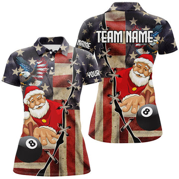Custom Funny Christmas Santa Billiard US Flag Patriotic Women's Polo Shirts S-5XL