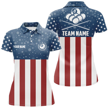 Custom US Flag Christmas Snowflakes Billiard Pattern Women's Polo Shirts S-5XL