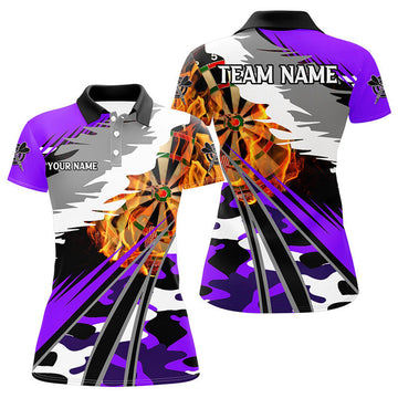 Custom Name Camo Purple Dartboard Fire Design Darts Team Women's Polo Shirts S-5XL