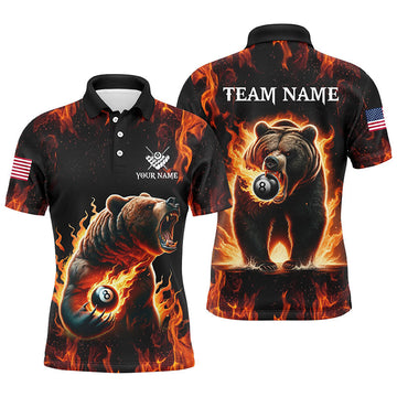 Personalized Funny Bear 8 Ball Pool Fire Flame Billiard Mens Polo Shirt S-5XL