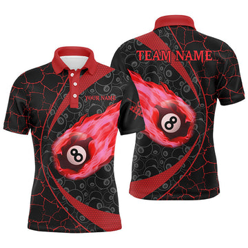 Personalized Black Red Billiard Fire Flame 8 Ball Pool Men's Polo Shirt S-5XL