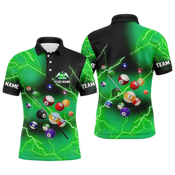 Custom Name Thunder Lightning Billiard Balls Green Men's Polo Shirt S-5XL