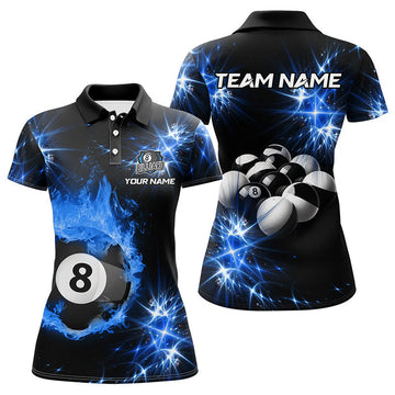 Custom Name Billiard Ball 8 with Blue Fire Design for Team Women's Polo Shirts S-5XL