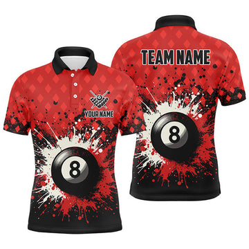 Personalized Red Grunge 8 Ball Pool Billiards Team Shirt Men's Polo Shirt S-5XL