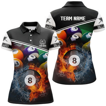 Custom Name Billiard 8 Ball Fire and Water Gift for Player Women's Polo Shirts S-5XL