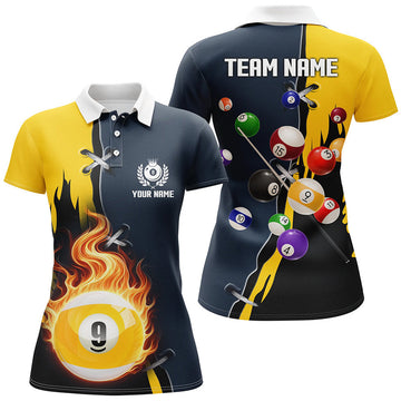 Custom Personalized Yellow Navy 9 Ball Pool Women's Polo Shirts S-5XL