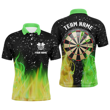 Custom Green Yellow Fire Dartboard Shirt for Team Men's Polo Shirt S-5XL