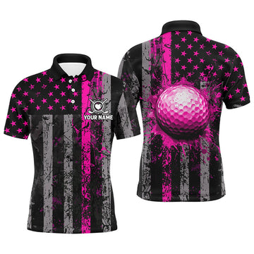 Custom Pink Grunge American Flag Patriotic Golf Gifts Men's Polo Shirt S-5XL