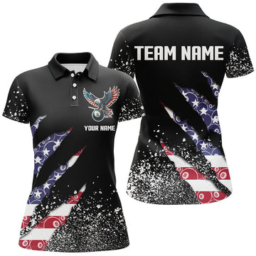 Custom Name US Flag Grunge Billiard Team Shirt for Women's Polo Shirts S-5XL