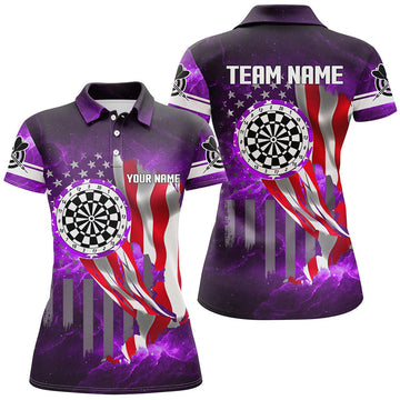 Custom Purple Galaxy US Flag Dartboard for Darts League Women's Polo Shirts S-5XL