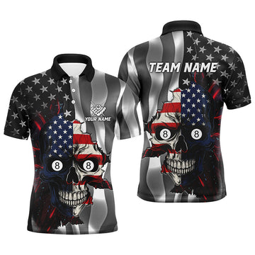 Personalized Billiard Skull American Flag Patriotic Jersey Men's Polo Shirt S-5XL