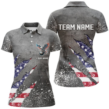 Custom Name US Flag Ball 8 Grey Grunge Billiard Team Shirt Women's Polo Shirts S-5XL