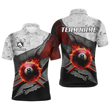 Personalized Billiard Grey Grunge Fire 8 Ball Pool Cue Men's Polo Shirt S-5XL