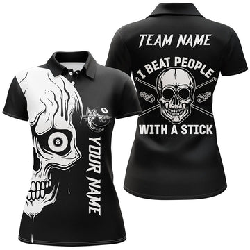 Custom Name I Beat People With A Stick White Skull Billiard Women's Polo Shirts S-5XL