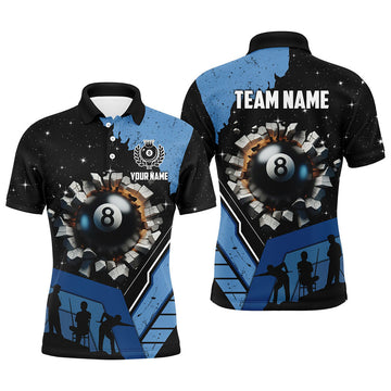 Personalized Blue Funny 8 Ball Pool Crack Custom Team League Billiard Mens Polo Shirt S-5XL