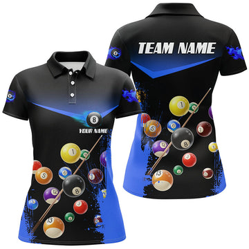 Custom Name Grunge Blue 8 Ball Billiard for Pool Player Women's Polo Shirts S-5XL