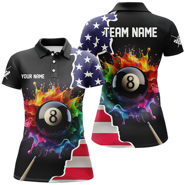 Custom Name USA Flag Paint 8 Ball Pool Billiard Design Women's Polo Shirts S-5XL