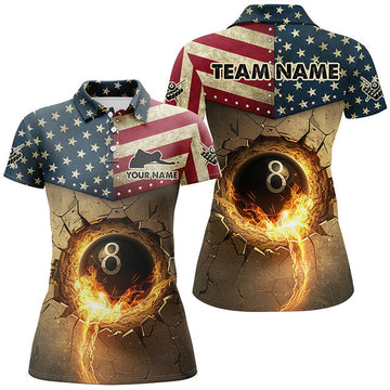 Custom Vintage US Flag 8 Ball Burning Billiard Shirts For Women's Polo Shirts S-5XL