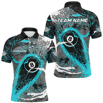 Custom Billiard 8 Ball Pool Turquoise Grunge Stains Men's Polo Shirt S-5XL