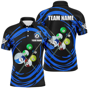 Personalized Blue Billiard Balls and Cue Wave Pattern Men's Polo Shirt S-5XL