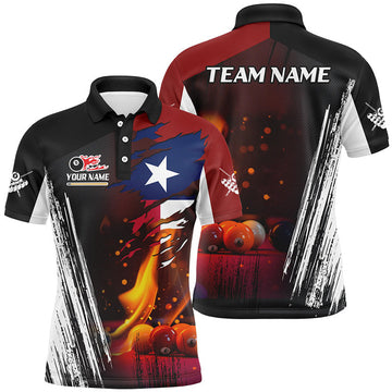 Patriotic Texas Flag Billiard Balls Fire Flame Custom Men's Polo Shirt S-5XL