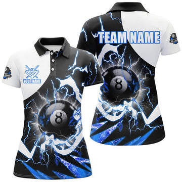 Custom 8 Ball Pool Billiard Lightning Thunder Blue Women's Polo Shirts S-5XL