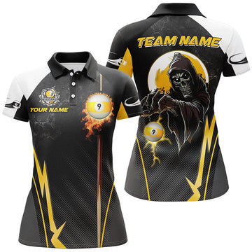 Custom Death Skeleton Billiard 9 Ball Pool Fire Cue Design Women's Polo Shirts S-5XL