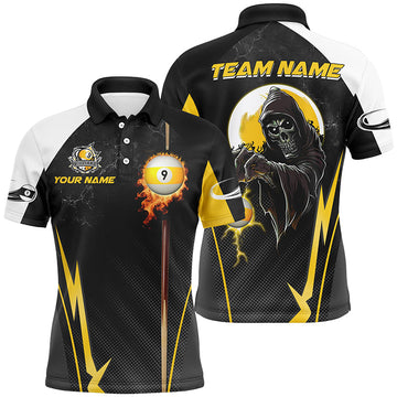 Funny Death Skeleton Billiard Ball 9 Fire Cue Custom Men's Polo Shirt S-5XL