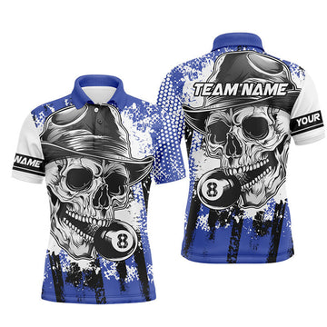 Personalized Blue Billiard Skull 8 Ball Men's Polo Shirt S-5XL