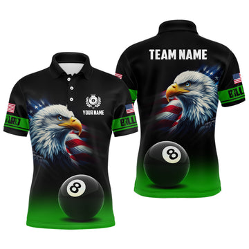 Personalized Black Green Billiard Eagle 8 Ball Pool Men's Polo Shirt S-5XL