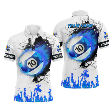 Personalized Blue Flaming 10 Ball Pool Billiard Mens Polo Shirt S-5XL