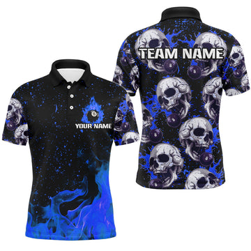 Customized Blue Billiard Skull Fire 8 Ball Shirt Men's Polo Shirt