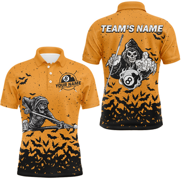 Custom Name Orange Skeleton Billiard Shirt Best Halloween Gift Men's Polo Shirt