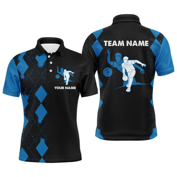 Custom Name Blue Black Bowling Team Personalized Men's Polo Shirt S-5XL
