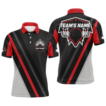 Vintage Black Red Bowling Team League Men's Polo Shirt S-5XL