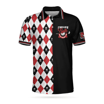 It Takes A Lot Of Balls Red Black White Argyle Skull Golf Men's Polo Shirt