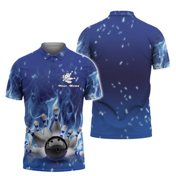 Personalized 3D Custom Bowling Blue Fire Men's Polo Shirt S-5XL With Name