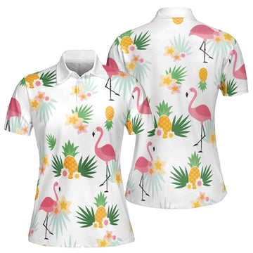 Funny Golf Pink Flamingo Tropical Leaf Pineapple Women 3D Polo Shirt S-5XL