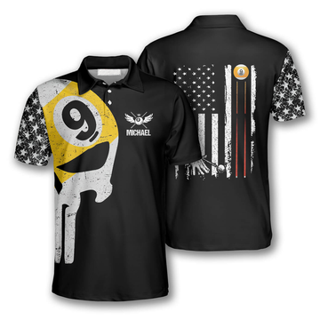 Custom Billiard 9 Ball Skull American Flag Pattern Team Men's Polo Shirt S-5XL