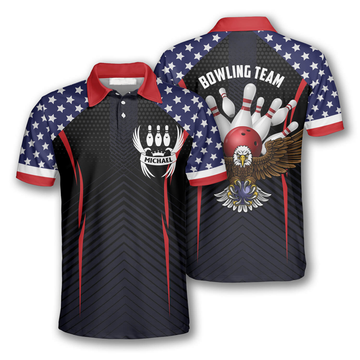 Custom Name Bowling Eagle American Flag Men's Polo Shirt S-5XL