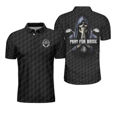 Custom Name Pray For Birdie Golfing Skeleton Black Skull Men's Polo Shirt S-5XL