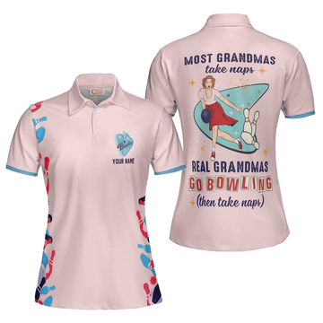 Custom Real Grandmas Go Bowling Short Sleeve Women Polo Shirt, Custom Name Bowling Shirt, Pink Grandma Bowling Shirt - Best Bowling Gift For Women Women' s Polo Shirt S -5XL